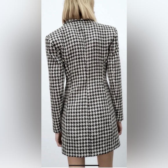 Zara Houndstooth Blazer Mini Dress Tailored Welt Pocket Sz S Retro Glam Core - Picture 3 of 16